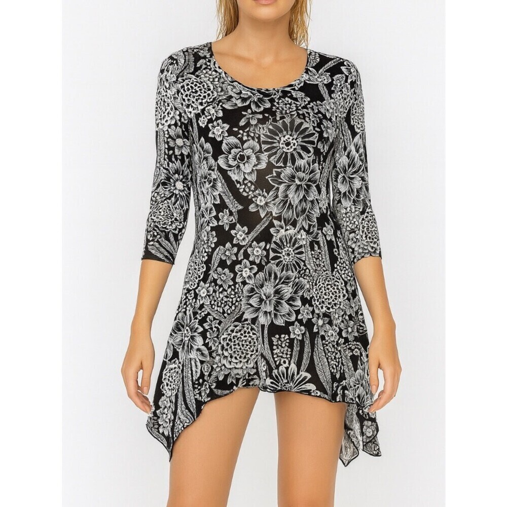 CoCO + Carmen Women's Dress Black White & Gray Floral Stretch SZ S asymmetrical